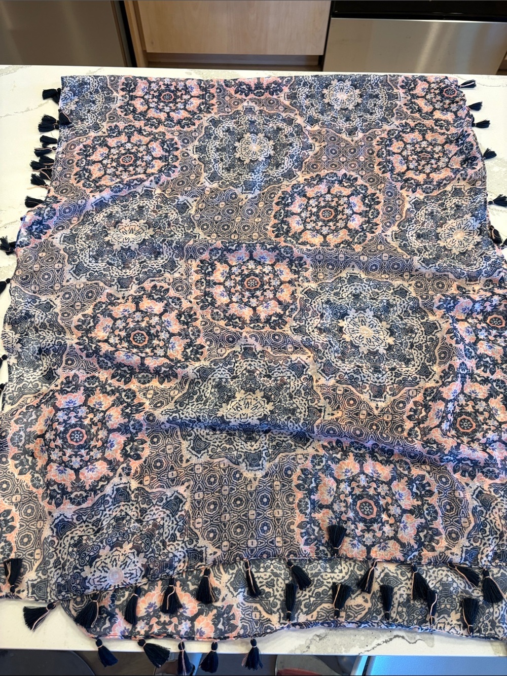 Maurices Navy and Pink Medallion Tassel Throw